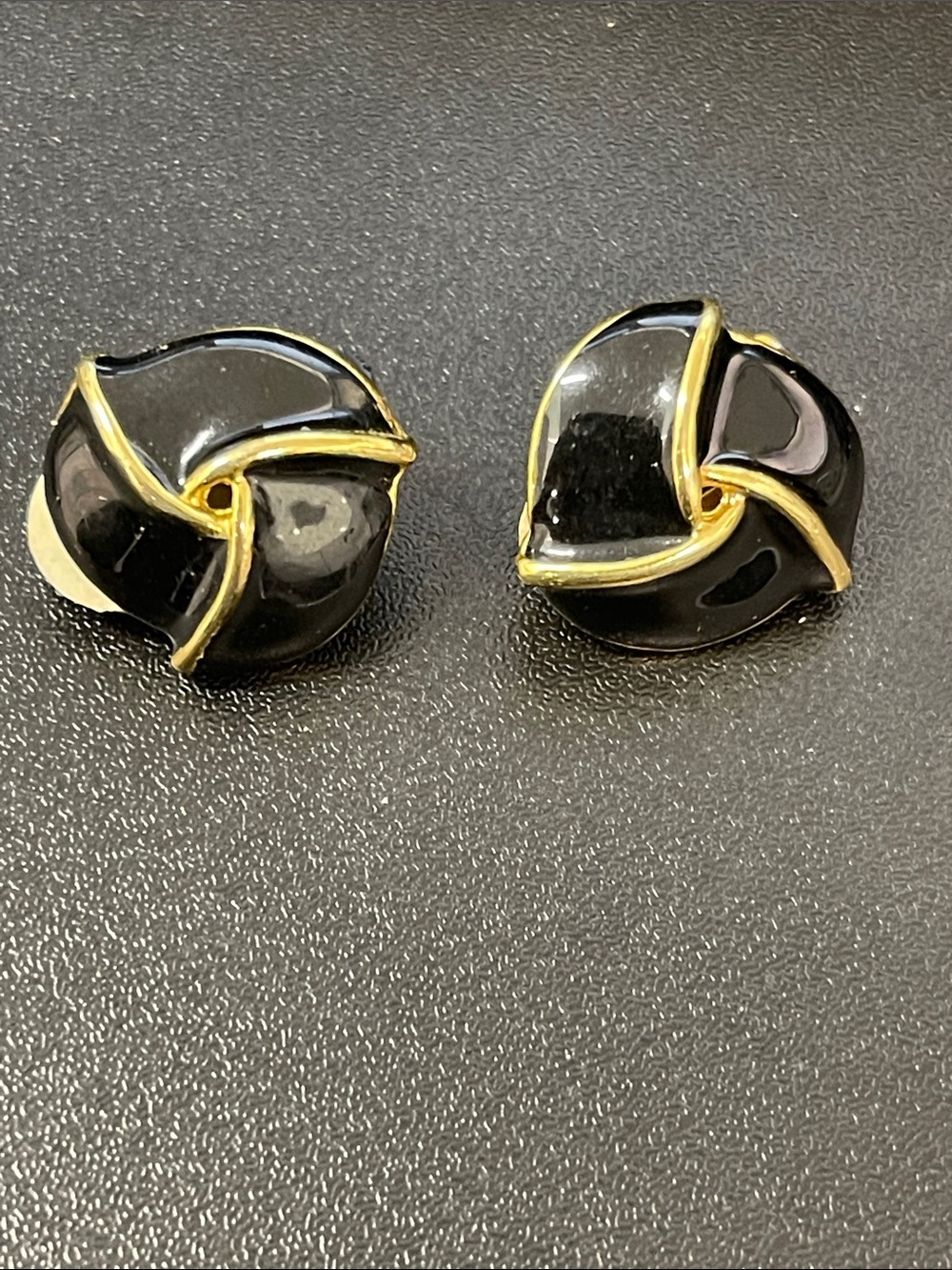 Black Enamel and Gold Knot Clip-On Earrings
